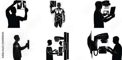 “Radiology and X-ray diagnostics silhouettes set with medical imaging equipment”
