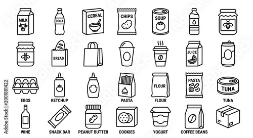food items icons set in black and white line art