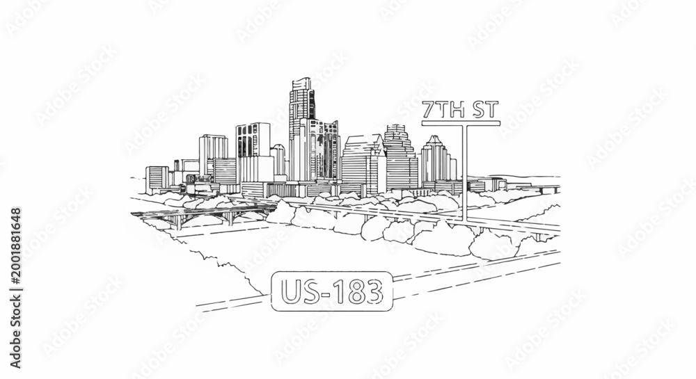 Obraz premium Sketch of a city skyline with a street sign and highway below