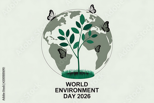 Green tree and butterflies on earth for world environment day 2026 global renewal concept symbolizes renewal and nature world map environment butterfly conservation preserve