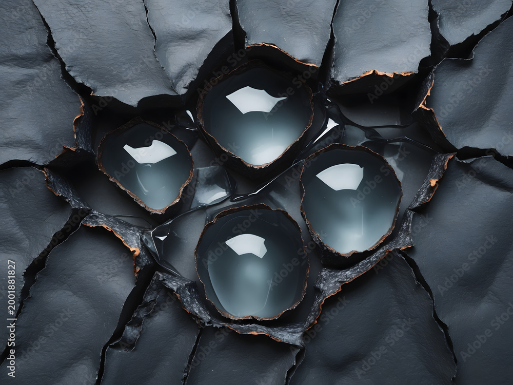 Obraz premium Abstract dark cracked stone surface with large liquid cells. Futuristic organic background with glowing core.