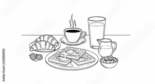 Whimsical illustration of a hearty breakfast spread with coffee, waffles, and fruit