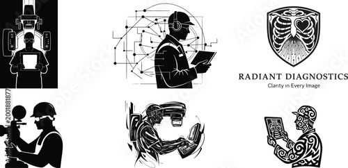 “Radiology technician silhouettes set with X-ray imaging, diagnostic workflow and medical technology”