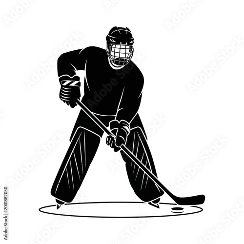 Hockey Goalie Silhouette Ready to Save Puck.