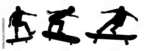 Skateboard set with black silhouette and white background design featuring skateboard, sport, graphic with illustration and vector