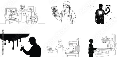 Radiology doctor and X-ray imaging silhouettes set with medical diagnostic workflow