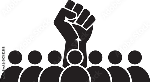 Raised fist symbol above diverse group of stylized people icons, representing unity, protest, and activism