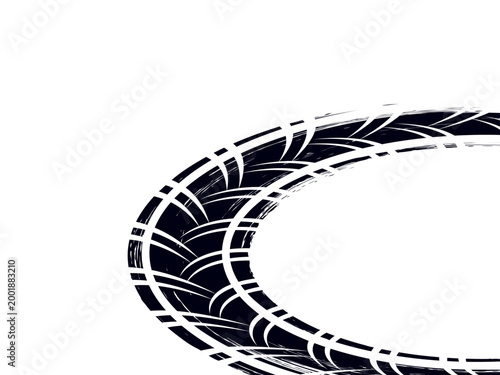 Tire track. Tyre mark of car, bike, motorcycle with grunge effect on white background. Wheel footprint, road element, dirty rubber protector pattern.