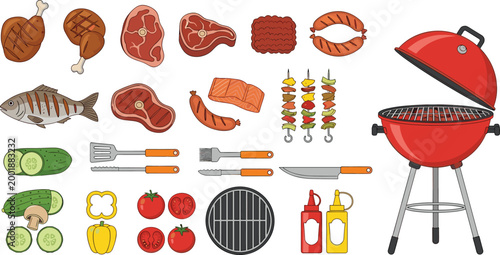 Extensive Flat Style BBQ Food and Grill Set with Chicken, Steak, Fish, Sausage, Salmon, Kebab, Vegetables, Utensils, and Kettle Grill Designs.