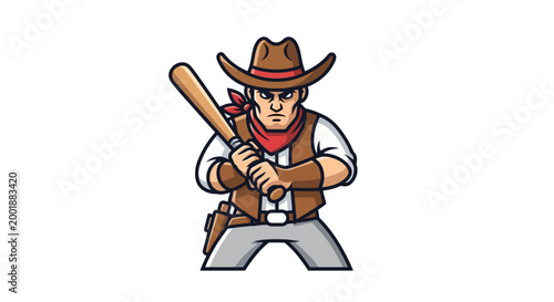 A tough cartoon cowboy mascot wearing a hat and bandana, holding a baseball bat with a determined expression, ready for action.