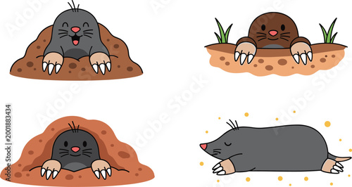Cute Moles Peeking Out from Burrows and Relaxing, Animal Illustration for Wildlife and Nature Design
