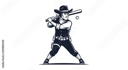 Monochrome illustration of a cowboy in a hat and vest, holding a baseball bat in a batting stance, ready to hit a flying ball.