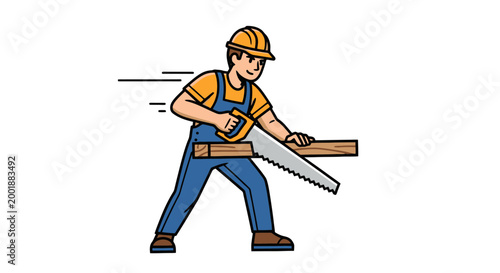 Cartoon illustration of a construction worker wearing a hard hat and overalls, actively sawing a wooden plank with a hand saw, depicting industry and craftsmanship.