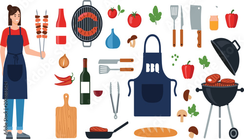 Flat Style BBQ Cooking Scene Set with Woman Chef, Apron, Grill, Kebab, Vegetables, Wine, and Kitchen Tools for Barbecue Event Designs.