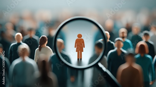 Focus on a single person in a crowd, the concept of selection and highlight