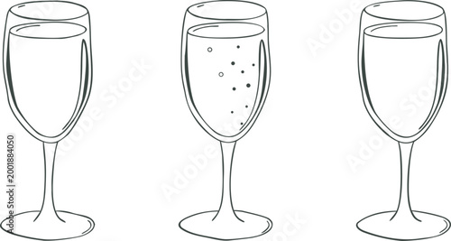Illustration of two wine glasses clinking with splashing liquid, Hand-drawn illustration of two champagne glasses with bows making a toast to celebrate a wedding or special occasion vector, Hand-Drawn