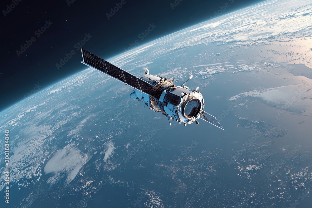 Naklejka premium Advanced satellite technology orbiting planet earth displaying soft planet curvature and vast cosmic expanse