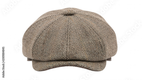 A brown tweed flat cap with a herringbone pattern, isolated on a solid black background, showing a classic newsboy style hat with a short visor