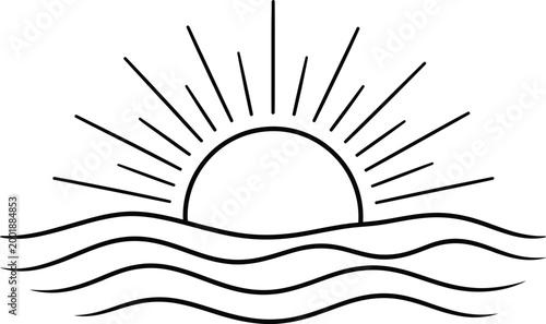 Sunrise Over Ocean Waves Line Art - Minimalist Sun Rays Sea Beach Boho Aesthetic Retro Vintage T-Shirt Graphic Design