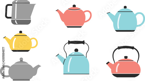 Modern Teapot Icon Set Featuring Minimal Kettles in Different Shapes and Colors for Kitchen, Cafe, and Beverage Illustration in Flat Design Style.