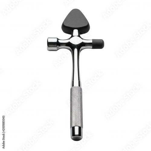 A chrome reflex hammer with a textured metal handle and black rubber tips, isolated against a solid black background, for medical examination use