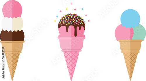 Colorful Ice Cream Cone Collection with Different Flavors Chocolate Topping and Sprinkles for Summer Dessert Menu Vector Illustration Design