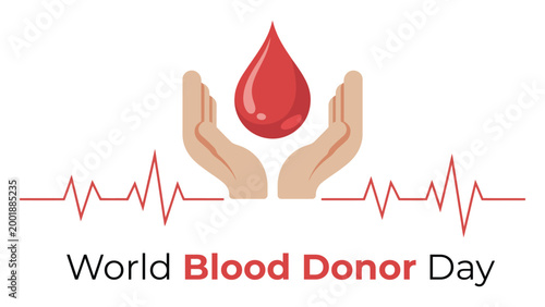 World blood donor day illustration with hands holding blood drop and heartbeat line healthcare awareness design for donation campaign banner poster