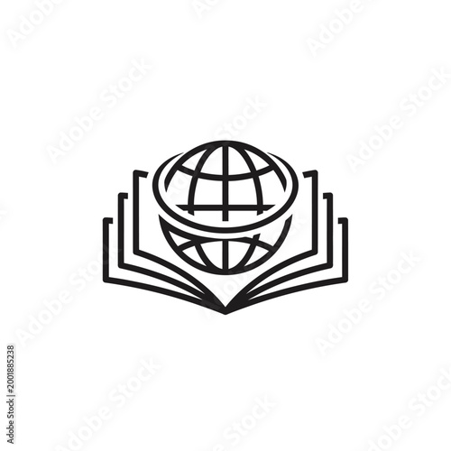 a black and white icon of a globe on an open book.