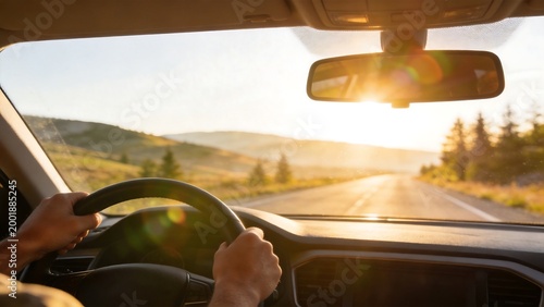 Person driving car on road at sunset