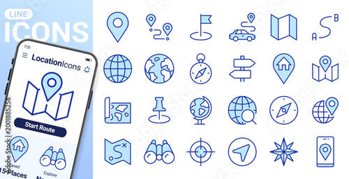 Location line icon set. Compass, travel, globe, map, geography, earth, distance, proximity minimal vector illustration. Simple outline sign for navigation app ui. Blue duotone color, Editable Stroke.