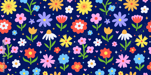 Seamless pattern with colorful flowers in naive Scandinavian folk art style on dark blue background. Hand drawn flat floral ornament for kids textile, wallpaper, surface design. Vector illustration