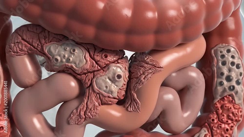 A detailed 3D rendering depicts a tumor situated within the human colon, showcasing its complex structure and proximity to surrounding tissue.