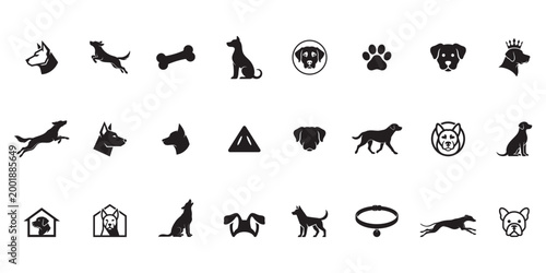 Dog Breed and Pet Care Silhouette Icon Set, Canine Head Profiles, Paw Print, Bone, and Accessories Vector Collection for Animal Brand Identity Design