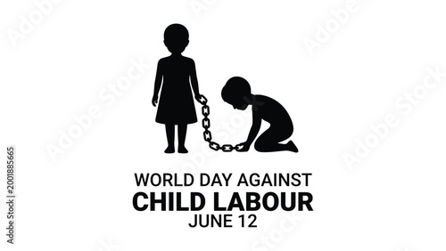 World day against child labour illustration with chained children silhouettes awareness concept for social justice campaign banner poster protection