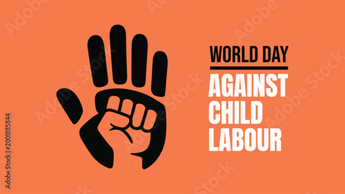 World day against child labour awareness design with raised hand and child symbol typography for social justice campaign banner poster protection concept