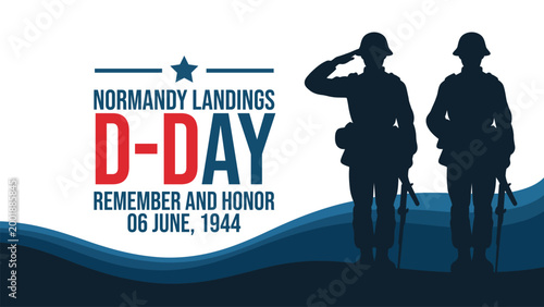 Tableau sur toile D Day Normandy landings illustration with soldier silhouettes remember and honor