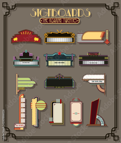 Lightboxes and Neon Signboards Set, Retro Cinema Neon Signboards, Vintage Style Stickers, Vector Objects for 1920s - 1950s Style Illustrarions, Covers, Posters