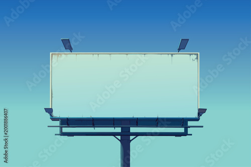 Blank cartoon old road banner against the sky on a clear sunny day, backlight lamps, advertising signboard, outdoor advertising, white sheet, vector illustration