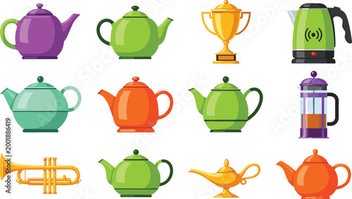 Teapot and Beverage Icon Collection Featuring Kettles, Coffee Press, Electric Kettle, Trophy, and Creative Drink Elements in Colorful Flat Design Style.