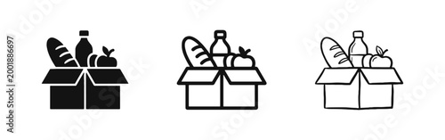 Grocery box with food items donation delivery icon set