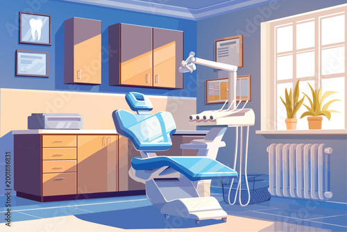 Cartoon interior of dentist's office with chair and equipment, dental treatment, medical center, room, window, doctor, tools, vector illustration