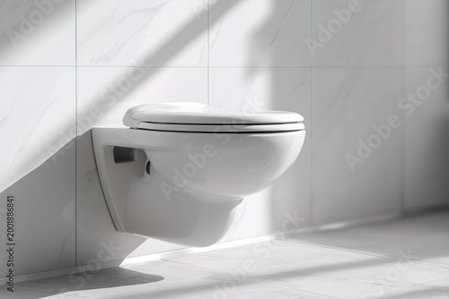 A clean modern toilet bowl is in a minimal bathroom. Bright natural light shines through the space, highlighting the simple design and white finish of the fixture and walls