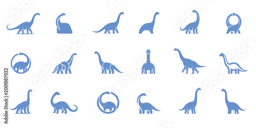 Blue Dinosaur Silhouettes Set, Brachiosaurus and Sauropod Vector Graphics, Prehistoric Animal Icons for Children's Branding and Educational Content