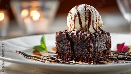 Delicious chocolate brownie with vanilla ice cream and chocolate sauce.