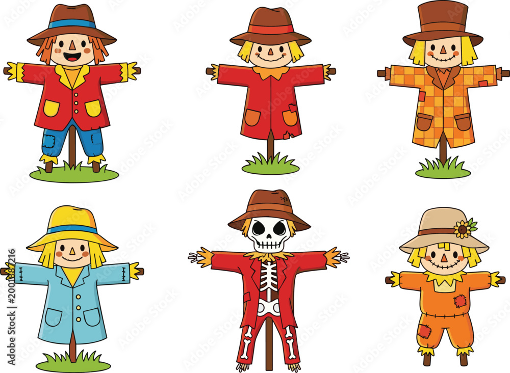 Fototapeta premium Scarecrow Set with Different Designs, Hats, and Poses for Fall, Harvest, and Halloween Illustrations