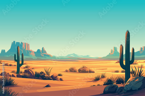 Desert panorama view with cacti, stones, grass, rocks on the horizon, nature, south, dry, summer, sun, morning, hills, background, view, vector illustration
