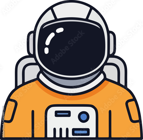 Orange Space Suit Astronaut Galaxy Icon. An astronaut wearing a bright orange space suit and dark helmet, ready for a rocket launch mission.