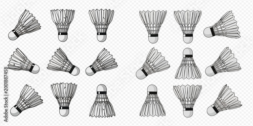 Set of badminton shuttlecocks in various positions on a transparent background, perfect for sports and recreation designs.