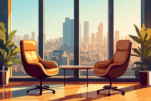 Office interior in a skyscraper, meeting room with two leather chairs and a table, with flowers, huge city, early morning, sky, summer, vector illustration