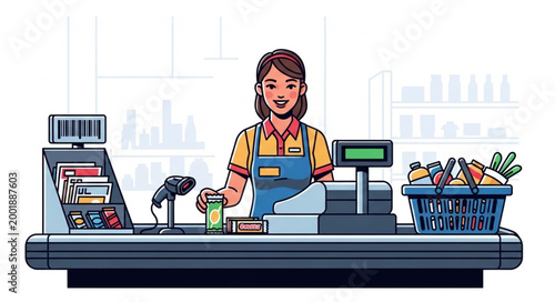 Female Cashier Standing Behind Checkout Counter.